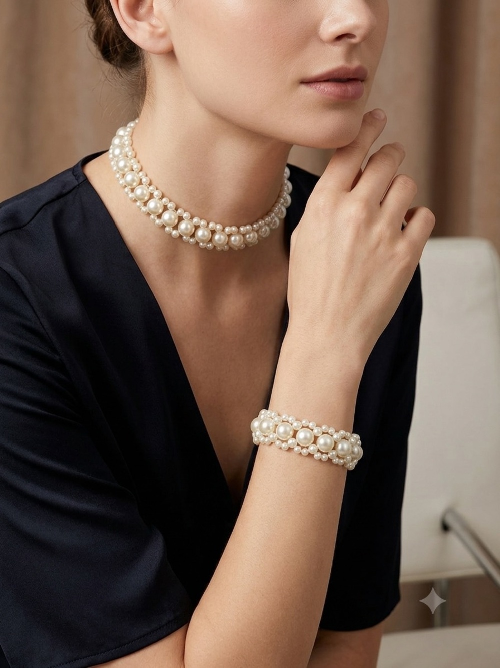 Lustrous Pearl Choker Necklace and bracelet set Women's Fashion Jewelry